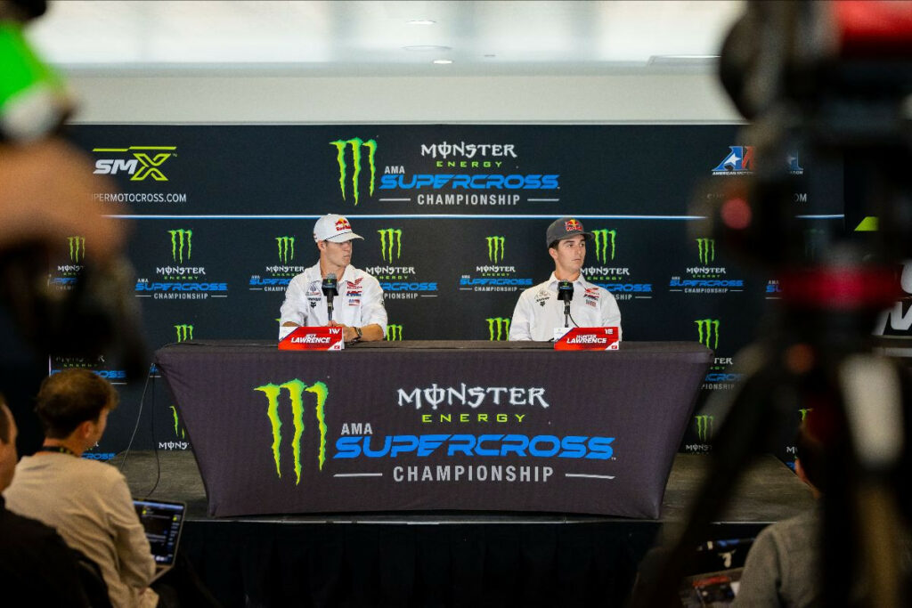Jett and Hunter Lawrence speaking to the media at Rice-Eccles Stadium in Salt Lake City. Jett won the Western Regional 250SX Class title and Hunter won the Eastern Regional 250SX Class title. Photo courtesy Feld Motor Sports.