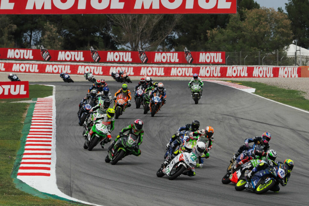 Humberto Maier (12) leads the World Supersport 300 field earlier this season. Photo courtesy Dorna.