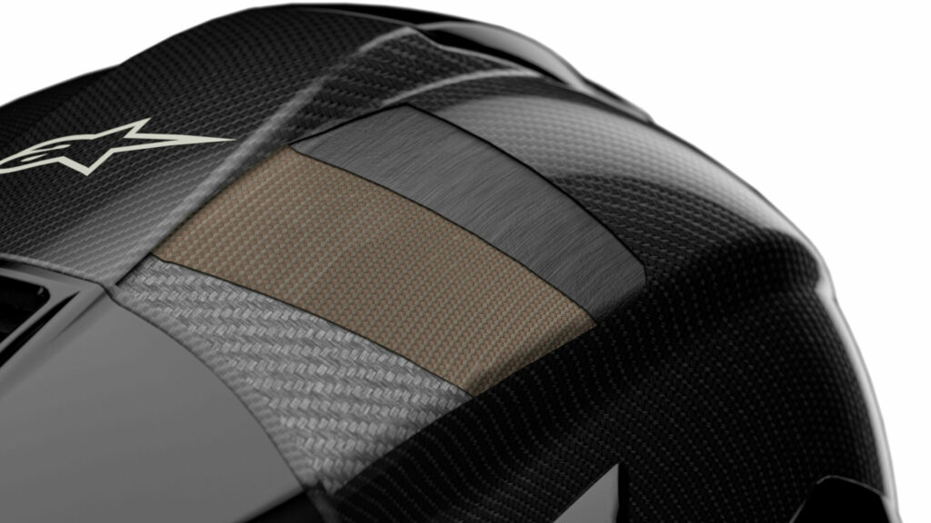 A cutaway view of the outer shell construction on the Alpinestars Supertech R10 helmet. Photo courtesy Alpinestars.