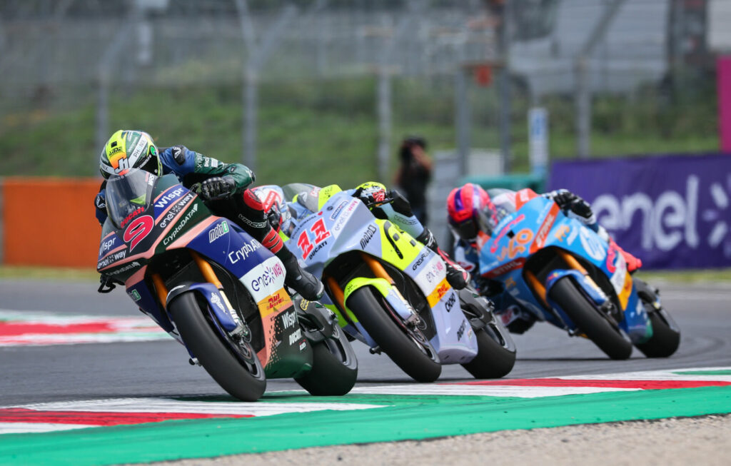 Andrea Mantovani (9) beat Matteo Ferrari (11) and Mattia Casadei (40) in MotoE Race One at Mugello. Photo courtesy Dorna.