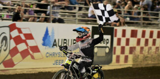 Kensei Matsudaira (74) on his victory lap after winning the 2022 AMA Speedway Youth 150 National Championship. Photo by Vladimir Kruk, courtesy Evike.com.