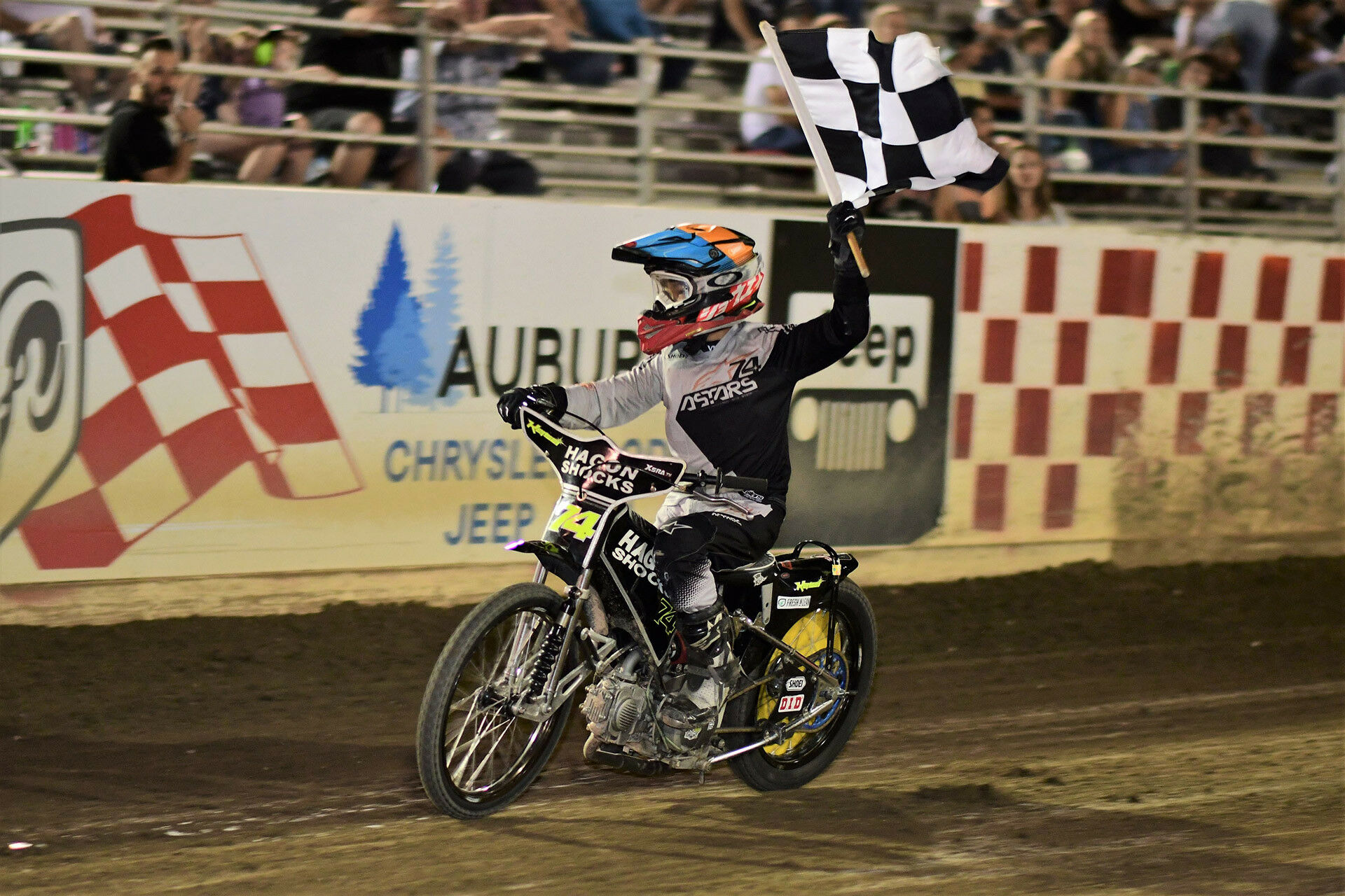 Kensei Matsudaira (74) on his victory lap after winning the 2022 AMA Speedway Youth 150 National Championship. Photo by Vladimir Kruk, courtesy Evike.com.