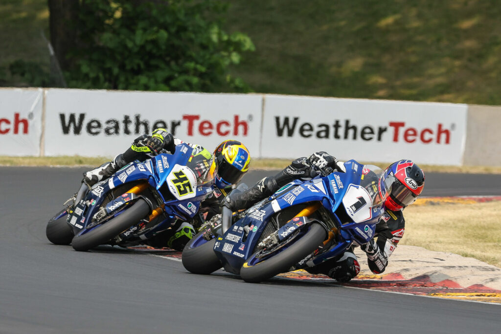 Yamaha's Jake Gagne (1) and Cameron Petersen (45) racing for third at Road America. Photo by Brian J. Nelson, courtesy Yamaha.