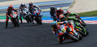 Axel Bassani (47) leads a group of WorldSBK racers at Misano. Photo courtesy Dorna.