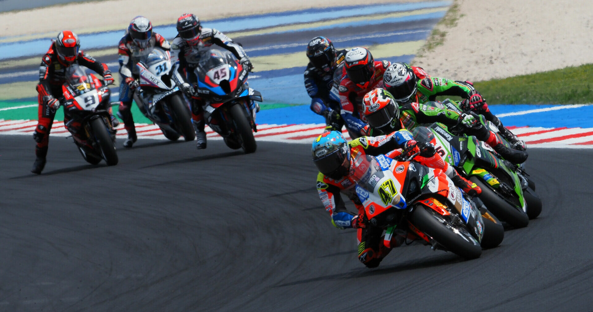 Axel Bassani (47) leads a group of WorldSBK racers at Misano. Photo courtesy Dorna.