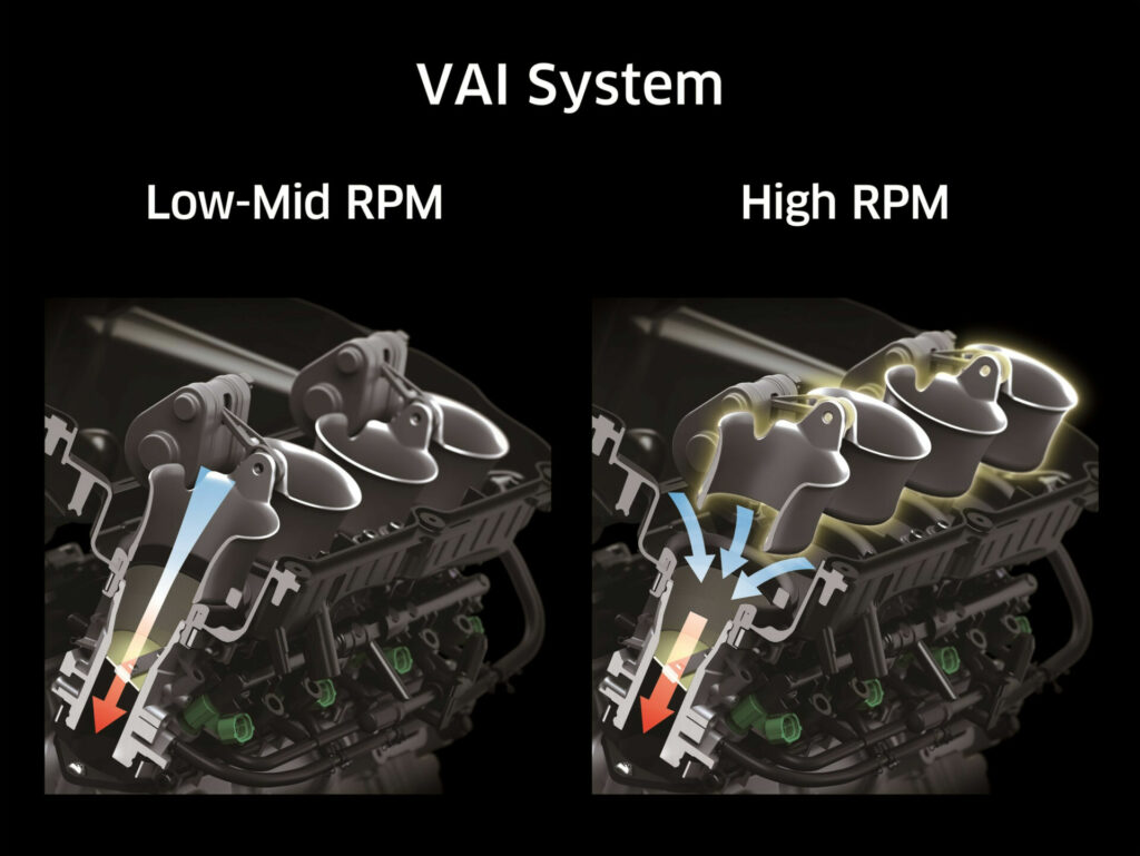 The Variable Air Intake (VAI) System lifts the top portion of the velocity stacks at high RPM to enhance high-end engine power. Image courtesy Kawasaki Motors Corp., U.S.A.