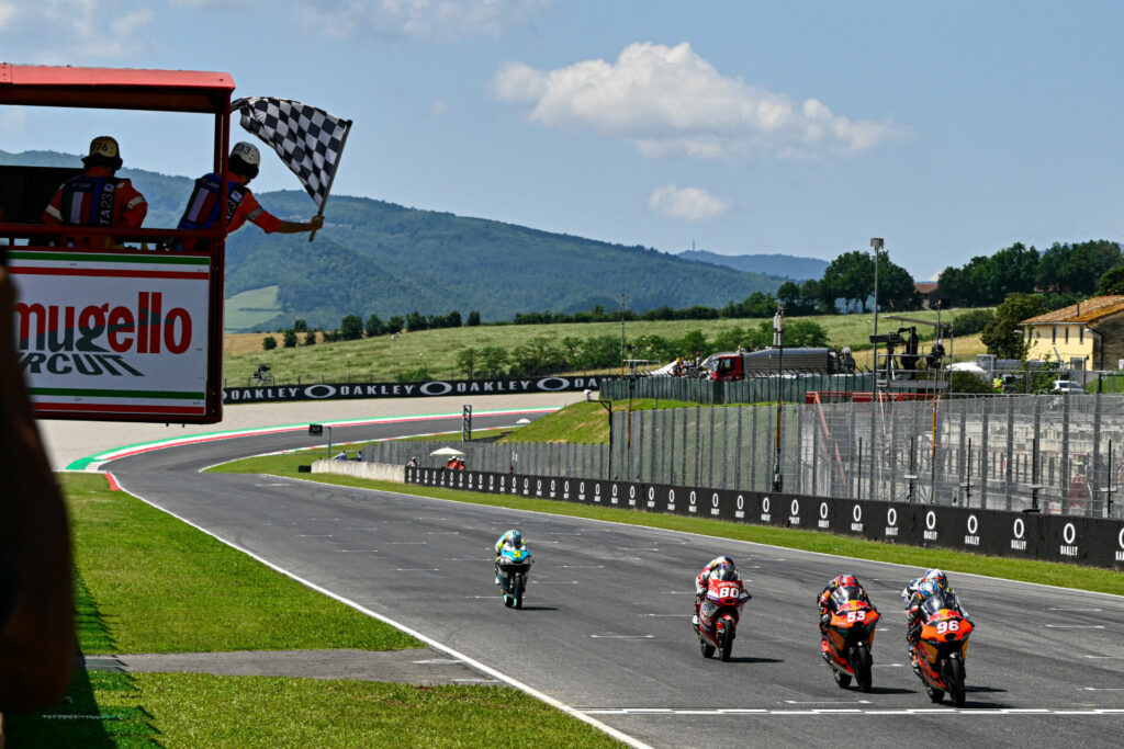 Daniel Holgado (96) came out on top of a five-way fight in the Moto3 race. Photo courtesy Dorna.