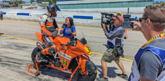 Rossi Moor being interviewed by MotoAmerica's Angelle Sampey earlier this season at Road Atlanta. Photo courtesy Fairium - NGRT.