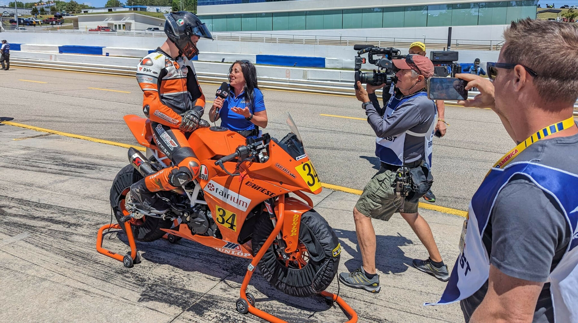 Rossi Moor being interviewed by MotoAmerica's Angelle Sampey earlier this season at Road Atlanta. Photo courtesy Fairium - NGRT.