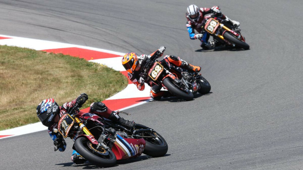 Tyler O'Hara (1) leads Andy DiBrino (62) and Jeremy McWilliams (99) in the Mission Super Hooligan race on Sunday. McWilliams won on track, but both he and O'Hara were DQ'd for a technical infraction which resulted in DiBrino taking the victory. Photo by Brian J. Nelson.