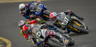 Glenn Allerton (14), Troy Herfoss (behind Allerton), and Bryan Staring (67) in action at a previous Australian Superbike round. Photo courtesy ASBK.