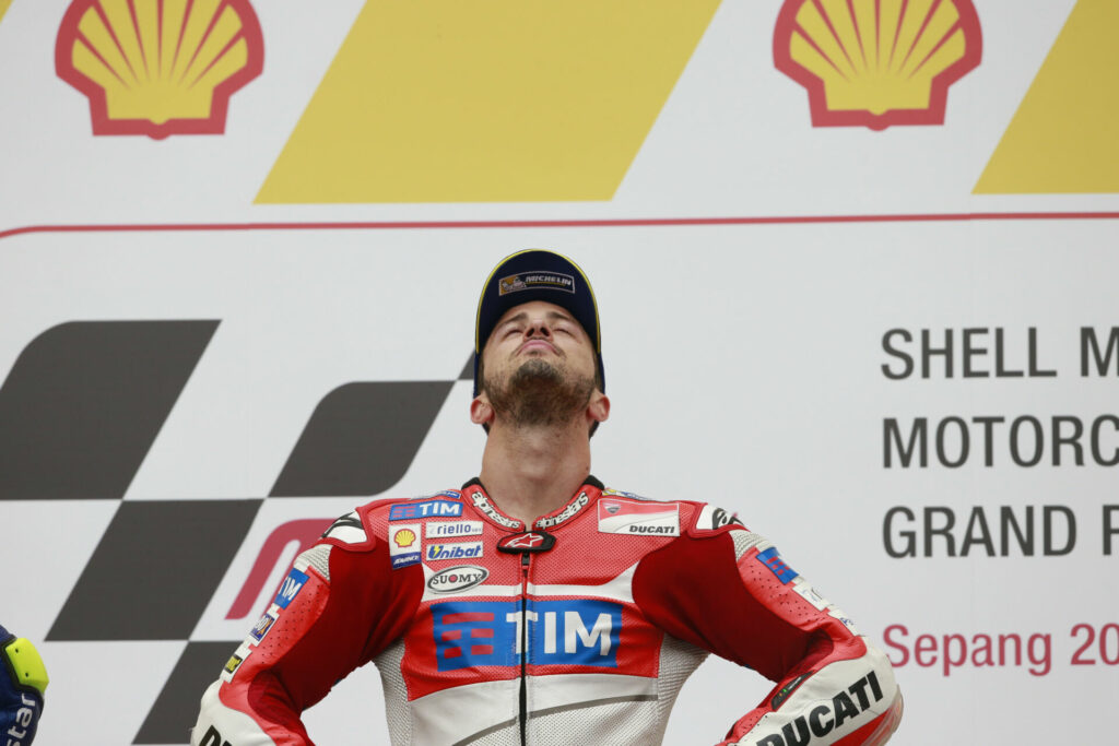 Andrea Dovizioso, after winning the MotoGP race at Sepang in 2016. Photo courtesy Dorna.