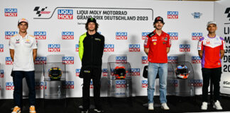 (From left) Marc Marquez, Marco Bezzecchi, Francesco "Pecco" Bagnaia, and Jorge Martin at one of the two pre-event press conferences at Sachsenring. Photo courtesy Dorna.