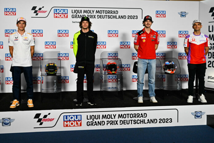 5a9de24d-99f3-3259-38bf-04828e363c2a (From left) Marc Marquez, Marco Bezzecchi, Francesco "Pecco" Bagnaia, and Jorge Martin at one of the two pre-event press conferences at Sachsenring. Photo courtesy Dorna.