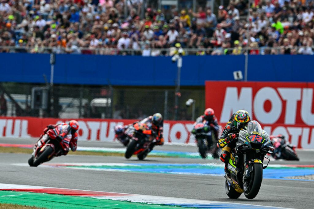 Marco Bezzecchi (72) leads Francesco Bagnaia (1), Jack Miller (43), and the rest of the field in the Sprint Race at Assen. Photo courtesy Dorna.