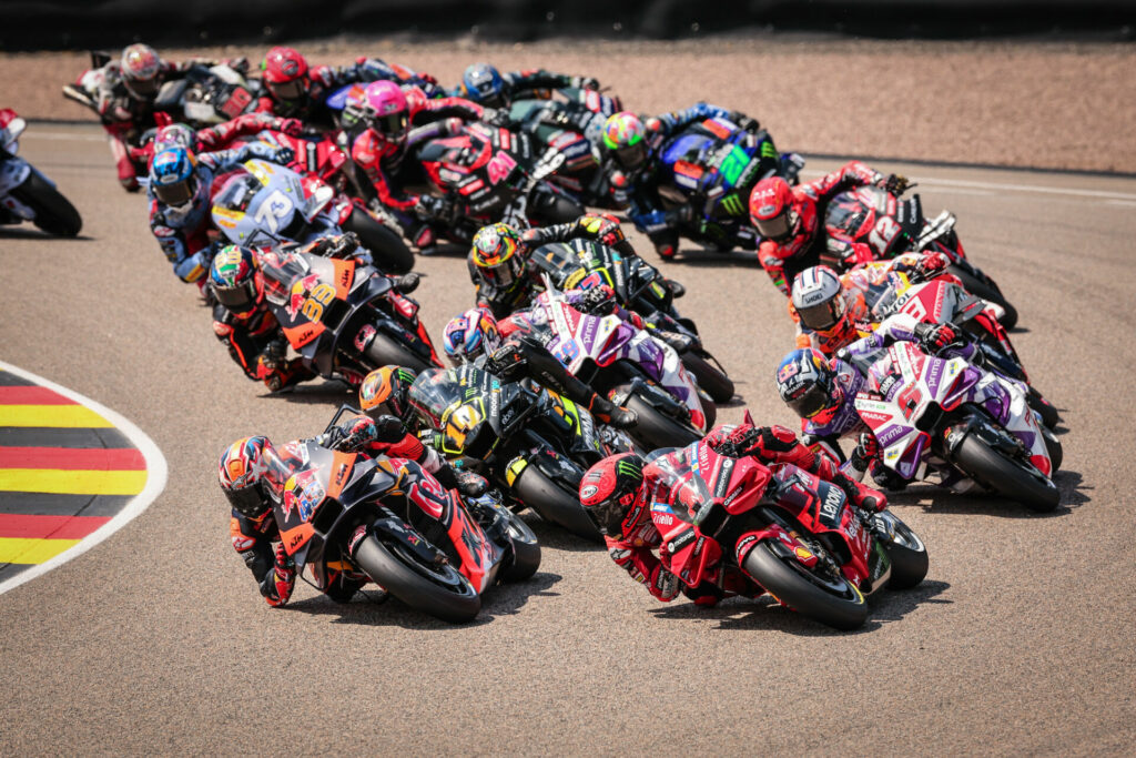 Francesco Bagnaia (1) and Jack Miller (43) fight for the lead ahead of Luca Marini (10), Johann Zarco (5), Jorge Martin (89), and the rest in Saturday's MotoGP Sprint race. Photo courtesy Dorna.