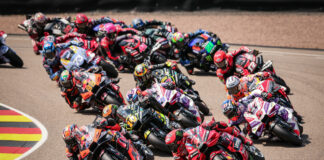 Francesco Bagnaia (1) and Jack Miller (43) fight for the lead ahead of Luca Marini (10), Johann Zarco (5), Jorge Martin (89), and the rest in Saturday's MotoGP Sprint race. Photo courtesy Dorna.