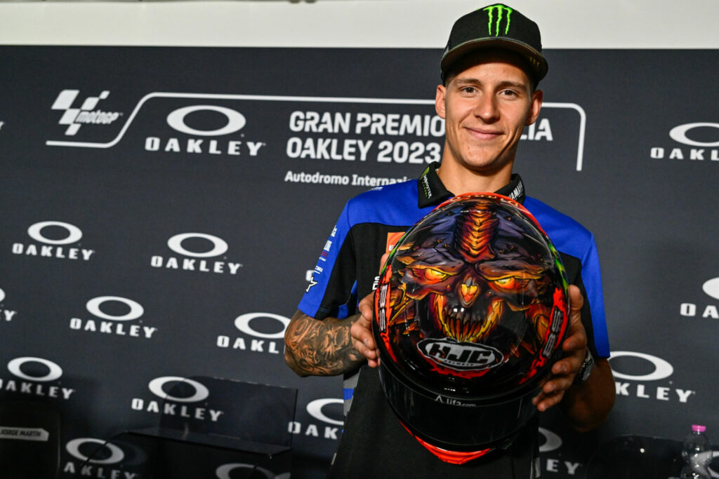 Fabio Quartararo with his new helmet design. Photo courtesy Dorna.