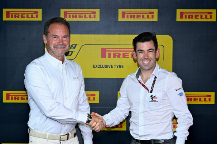 Giorgio Barbier, Pirelli Moto Racing Director (left) with Carlos Ezpeleta, Chief Sporting Officer at Dorna Sports (right). Photo courtesy Dorna.