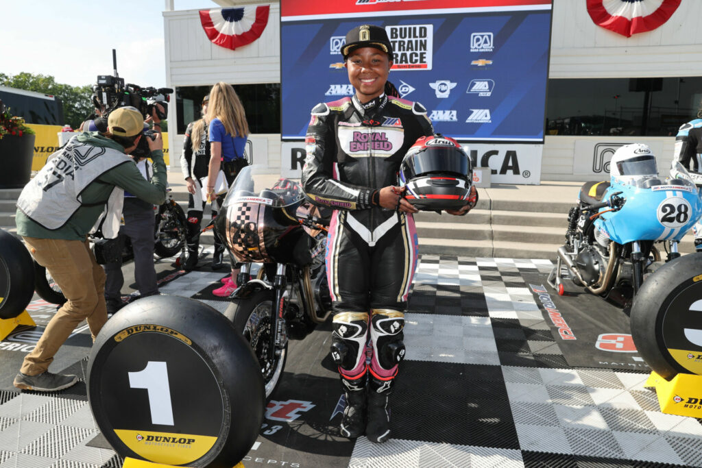 Mikayla Moore won the opening round of the Royal Enfield Build. Train. Race. series at Road America. Photo by Brian J. Nelson.