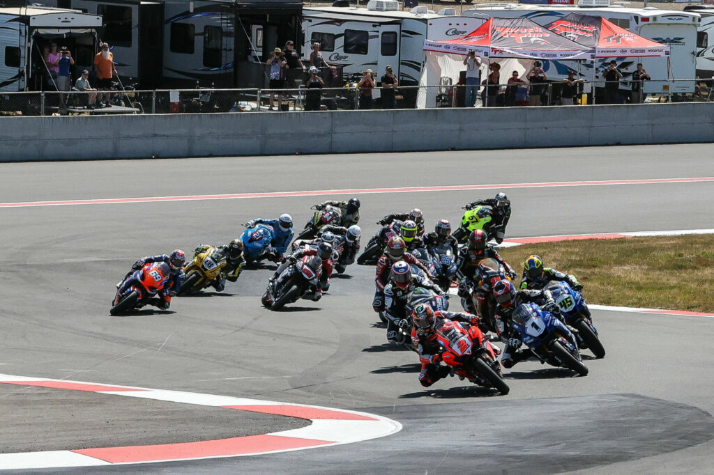 Josh Herrin (2) leads Jake Gagne (1), Cameron Petersen (45), Cameron Beaubier (hidden) and the rest of the Medallia Superbike pack at Ridge Motorsports Park on Saturday. Photo by Brian J. Nelson.