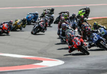 Josh Herrin (2) leads Jake Gagne (1), Cameron Petersen (45), Cameron Beaubier (hidden) and the rest of the Medallia Superbike pack at Ridge Motorsports Park on Saturday. Photo by Brian J. Nelson.