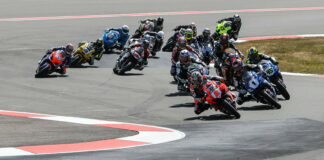 Josh Herrin (2) leads Jake Gagne (1), Cameron Petersen (45), Cameron Beaubier (hidden) and the rest of the Medallia Superbike pack at Ridge Motorsports Park on Saturday. Photo by Brian J. Nelson.