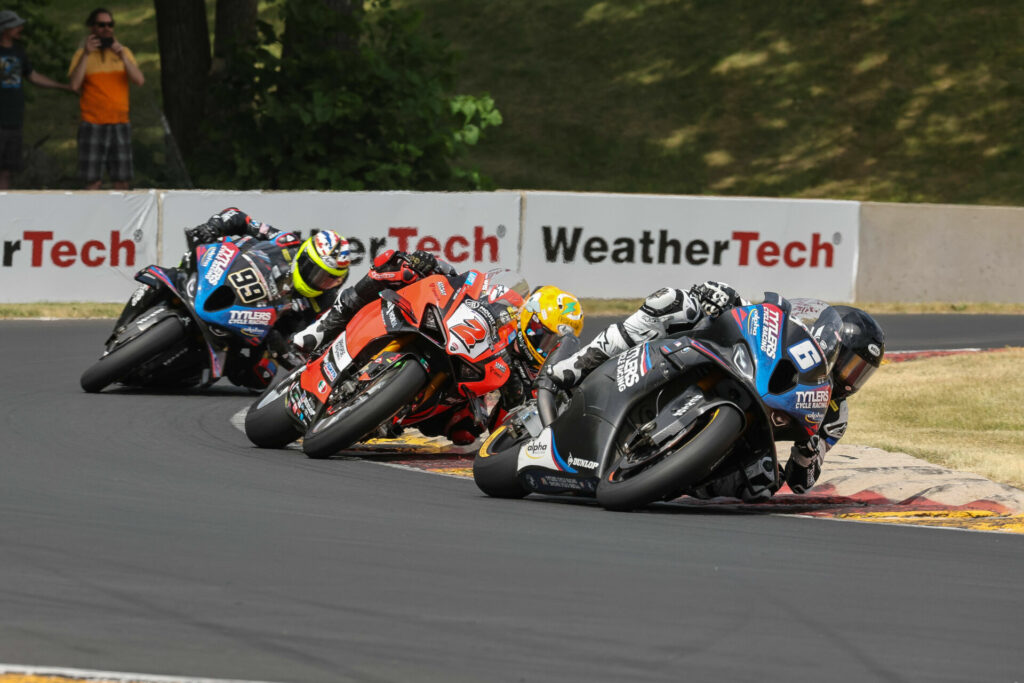 Cameron Beaubier (6) bounced back to pass both Josh Herrin (2) and PJ Jacobsen (99) en route to victory in Saturday's Medallia Superbike race at Road America.Photo by Brian J. Nelson.