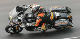 Mission King Of The Baggers racer Frankie Garcia (14) is a customer of Anthony's Leatherworks. Photo by Brian J. Nelson.