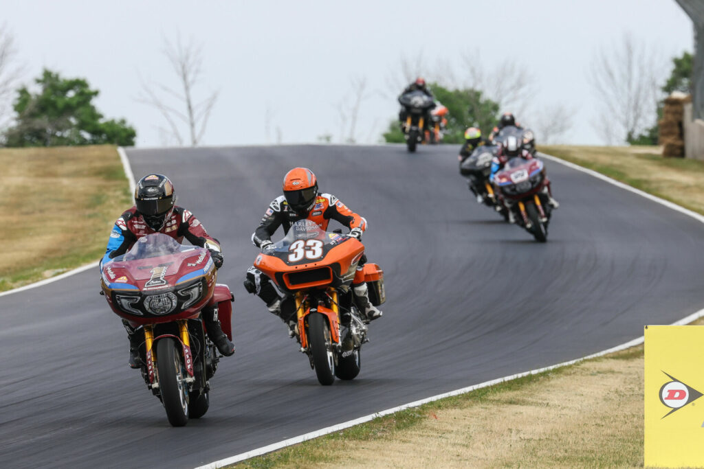 Kyle Wyman (33) hounded Tyler O'Hara (1) until passing him late in the race to win his fourth Mission King Of The Baggers race in a row on Saturday. Photo by Brian J. Nelson.