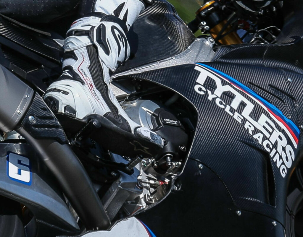 A close up of Cameron Beaubier's new BMW M 1000 RR Superbike shows extra welding on the frame spars. Photo by Brian J. Nelson.