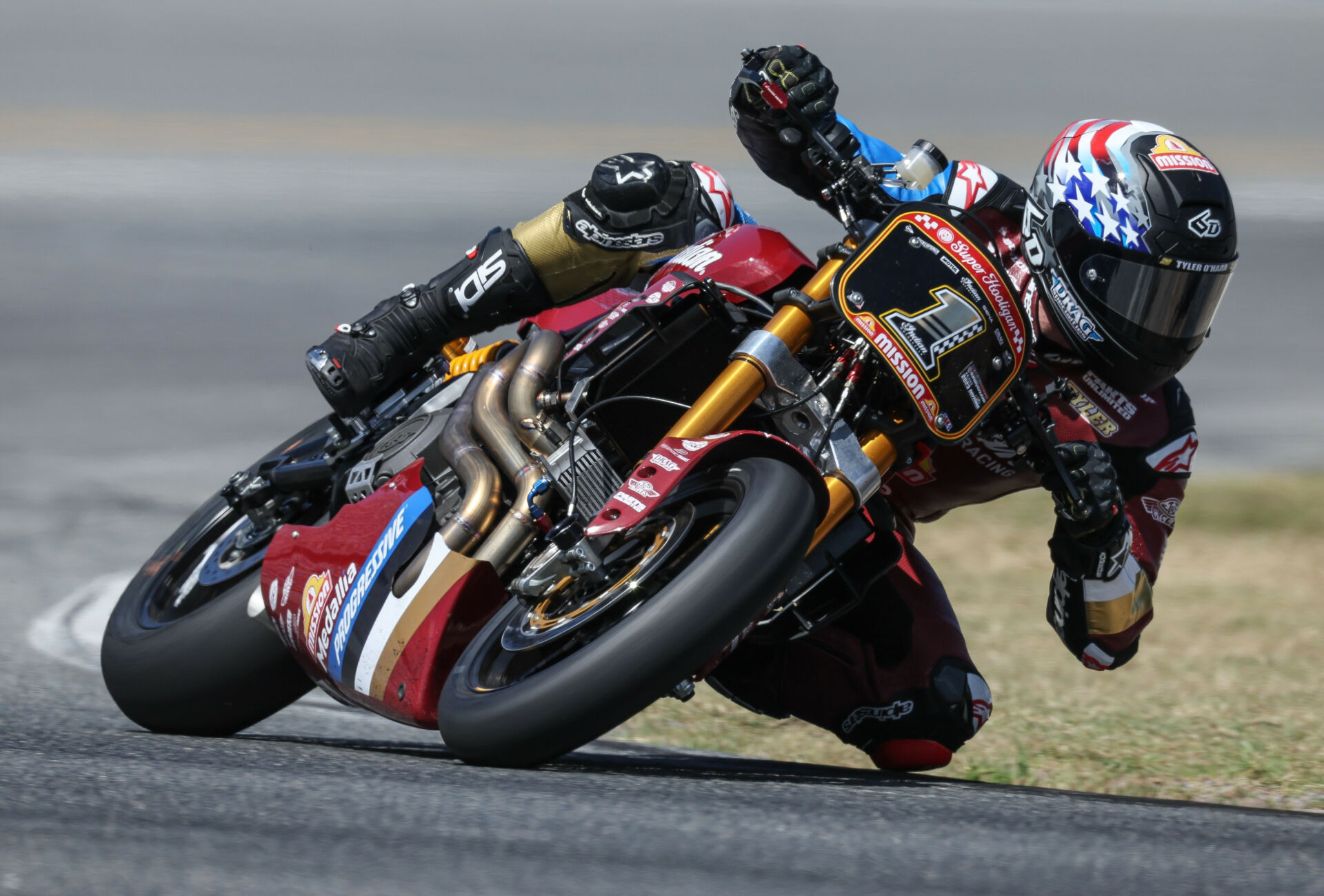 Tyler O'Hara (1) in action on Indian FTR 1200 earlier this season at Daytona. Photo by Brian J. Nelson.