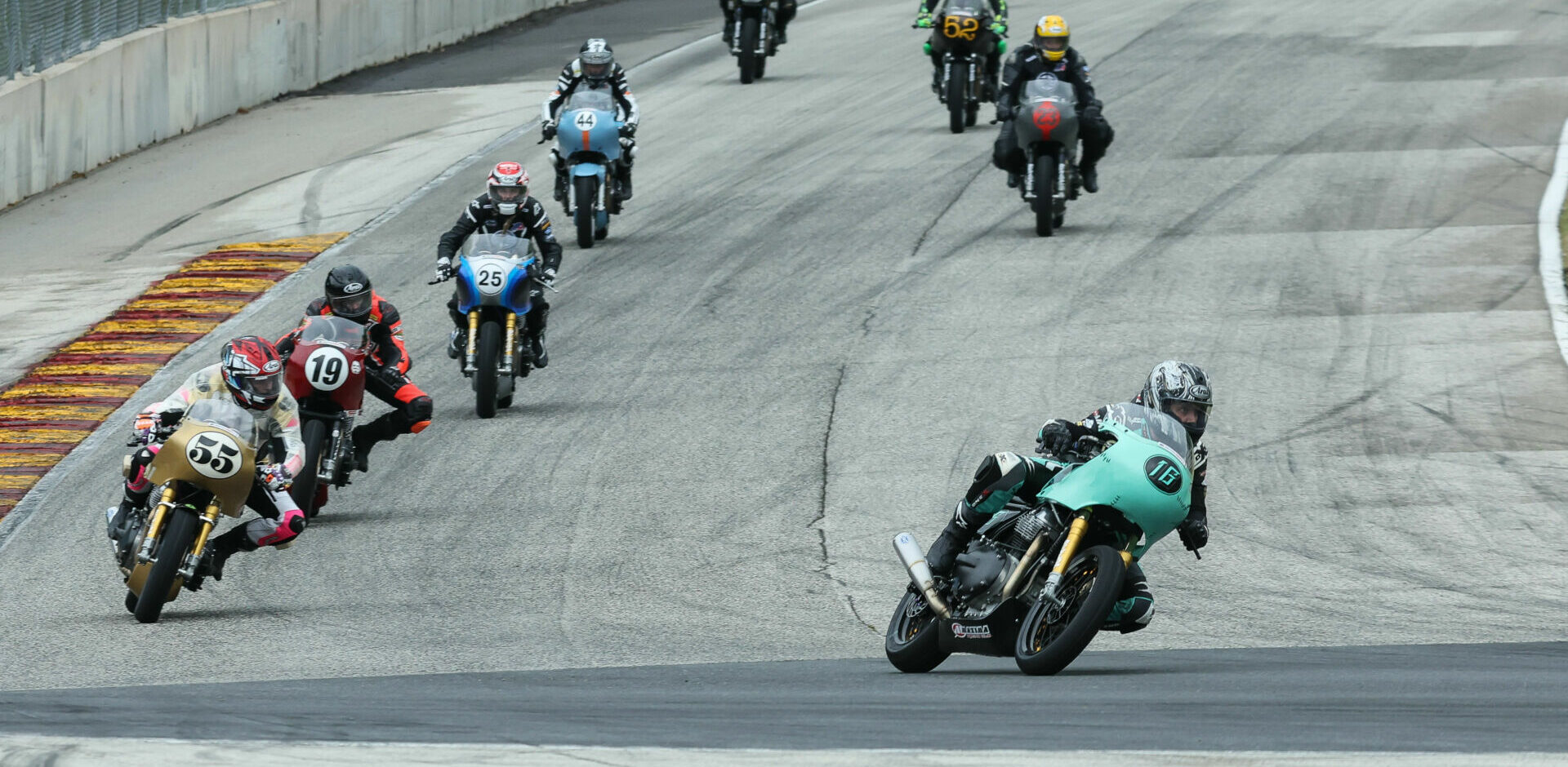 Action from the Royal Enfield Build. Train. Race. race at Road America in 2022 with Kayleigh Buyck (16) leading from the start. Photo by Brian J. Nelson.