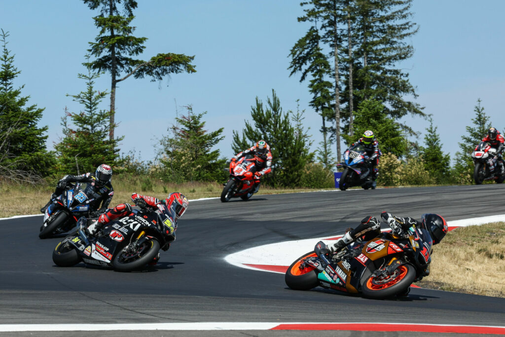 Mathew Scholtz (11) got second place in Superbike Race One. Photo by Brian J. Nelson, courtesy Westby Racing.