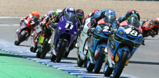 Angel Piqueras (18) leading a JuniorGP race at Jerez. Photo courtesy Dorna.