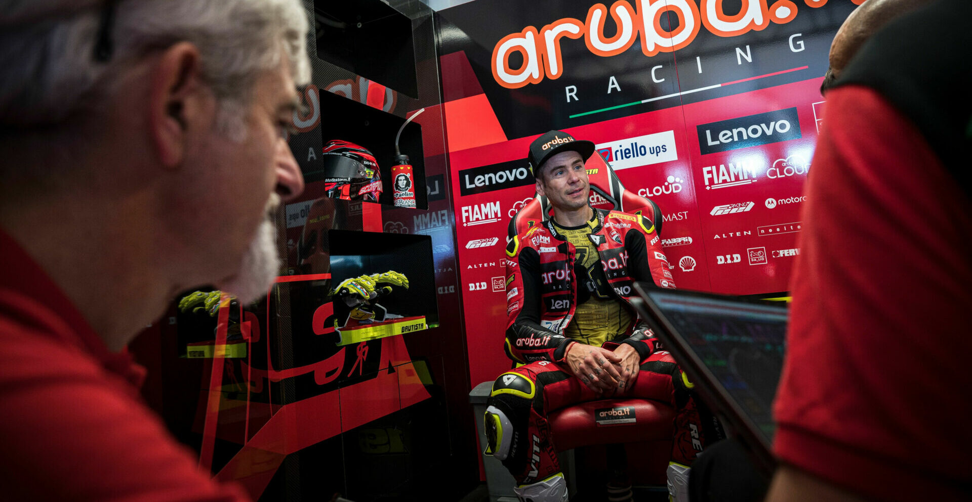 2022 Superbike World Champion Alvaro Bautista (right) in his garage at Misano with Ducati Corse General Manager Luigi 