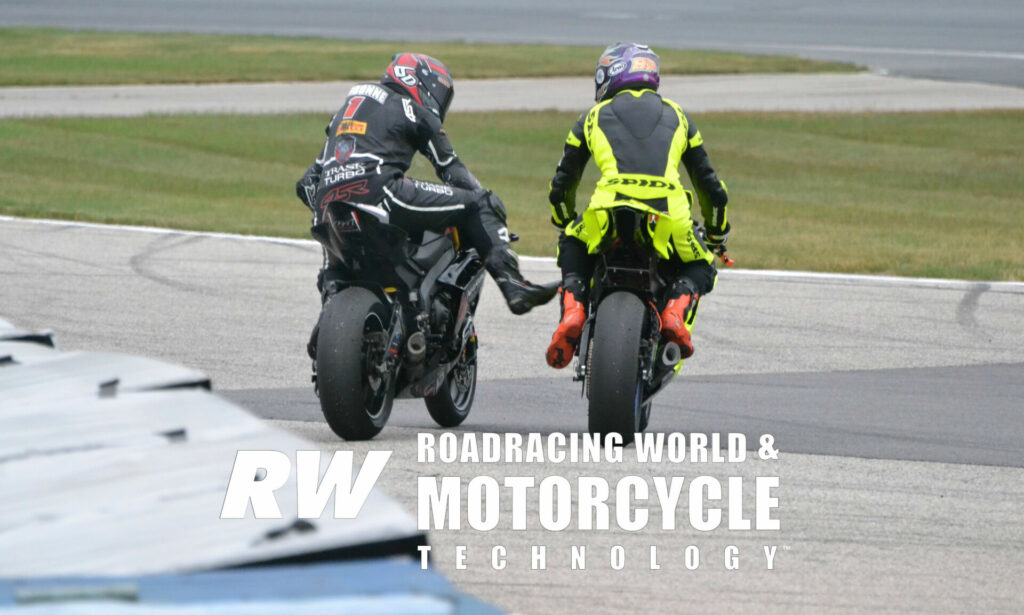 Shane Narbonne (left) kicked at Brandon Paasch during qualifying for the 100th Loudon Classic Friday when Paasch was trying to get a tow off Narbonne. Photo by David Swarts, copyright Roadracing World Publishing, Inc.