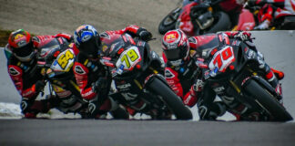 Tyler Scott (70) leading fellow Vision Wheel M4 ECSTAR Suzuki riders Teague Hobbs (79) and Richie Escalante (54) at the 100th running of the Loudon Classic. Photo by Dylan Raduenz, courtesy Team Hammer and Suzuki Motor USA, LLC.