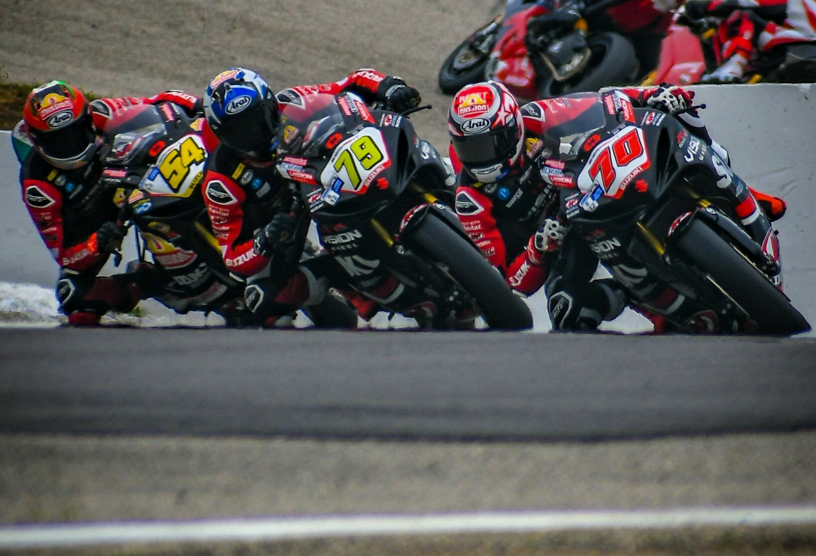 Tyler Scott (70) leading fellow Vision Wheel M4 ECSTAR Suzuki riders Teague Hobbs (79) and Richie Escalante (54) at the 100th running of the Loudon Classic. Photo by Dylan Raduenz, courtesy Team Hammer and Suzuki Motor USA, LLC.