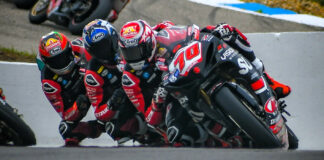 Tyler Scott (70) leads Vision Wheel M4 ECSTAR Suzuki teammates Teagg Hobbs (behind Scott) and Richie Escalante (behind Hobbs) at New Hampshire Motor Speedway. Photo by Dylan Raduenz.