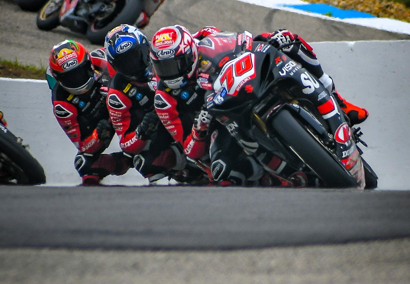 Tyler Scott (70) leads Vision Wheel M4 ECSTAR Suzuki teammates Teagg Hobbs (behind Scott) and Richie Escalante (behind Hobbs) at New Hampshire Motor Speedway. Photo by Dylan Raduenz.