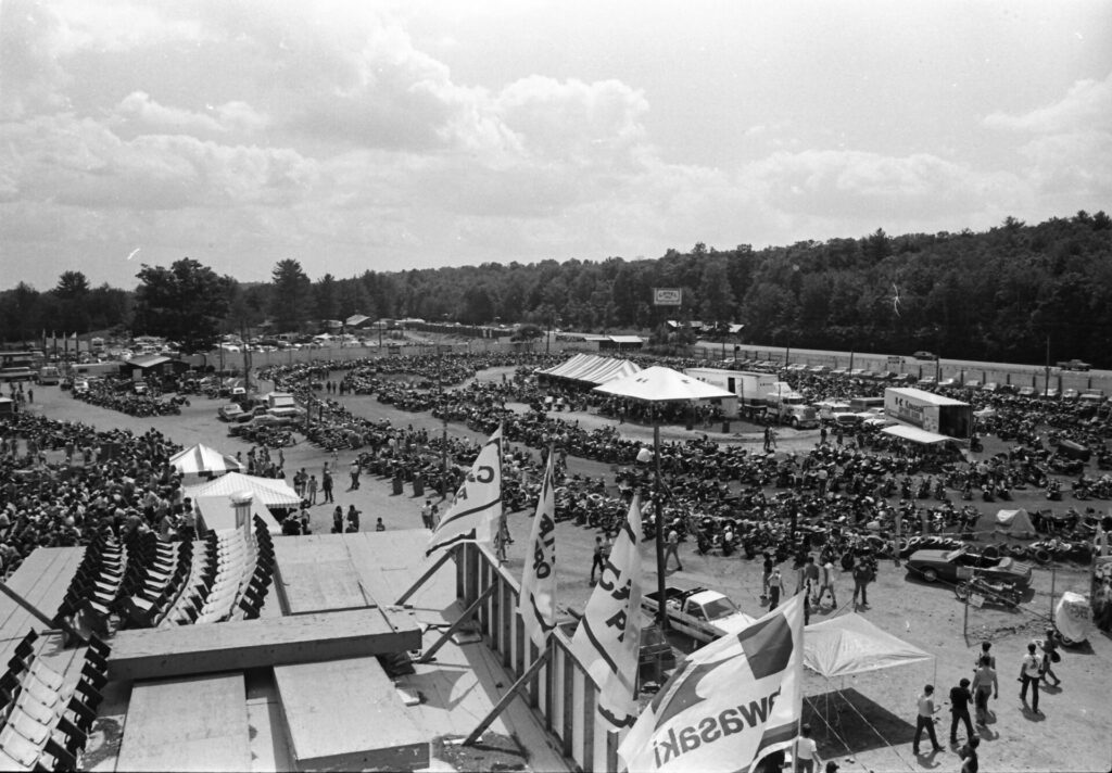 Motorcycles parked in the lot at the old Bryar Motorsports Park during the 1986 Loudon National. Photo by Larry Lawrence.