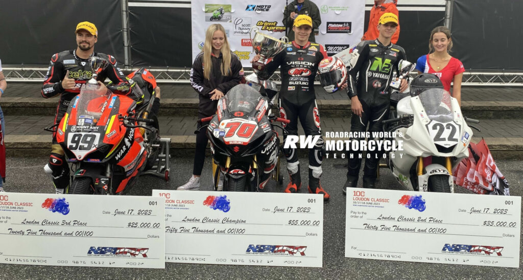 100th Loudon Classic Presented by NEMRR winner Tyler Scott (center), runner-up Blake Davis (right), and third-place finisher PJ Jacobsen (left) in Victory Circle at NHMS. Photo by David Swarts.