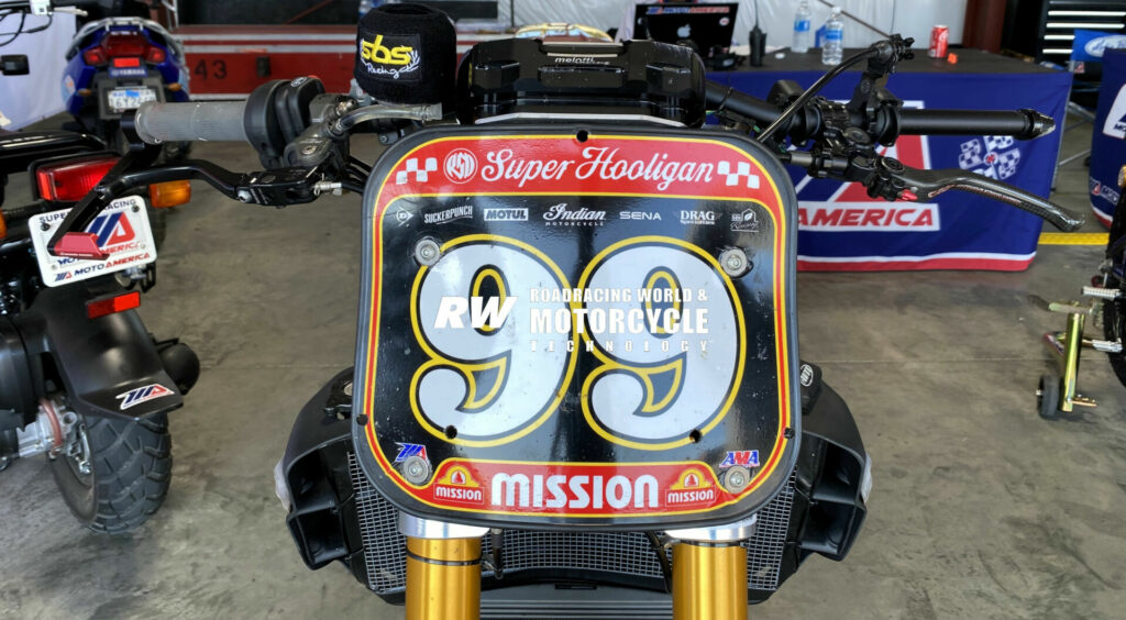 Jeremy McWilliams' Indian FTR 1200, as seen in MotoAmerica Technical Control after Race Two at Ridge Motorsports Park. Photo by David Swarts.