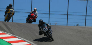 Kenny Cummings (17) leads some fellow AHRMA racers down the Corkscrew at Laguna Seca. Photo by etechphoto.com, courtesy AHRMA.