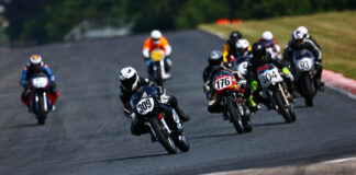 Tim Joyce (309) leads Tony Read (176), Kevin Dinsmoor (304), Daniel May (93), Dan Sokolich (77Z), and the rest during an AHRMA Vintage Cup race at NJMP. Photo by etechphoto.com, courtesy AHRMA.