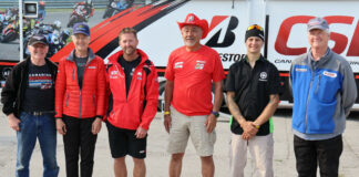 Canadian Motorcycle Hall of Fame members at the Bridgestone CSBK event in Grand Bend (from left): Gary McKinnon (Class of 2016), Toni Sharpless (2011), Steve Beattie (2017), Clive Ng-A-Kien (2019), and 2023 CSBK inductees, 14-time CSBK Champion Jordan Szoke and CSBK founder Colin Fraser. Photo by Rob O'Brien, courtesy CSBK.