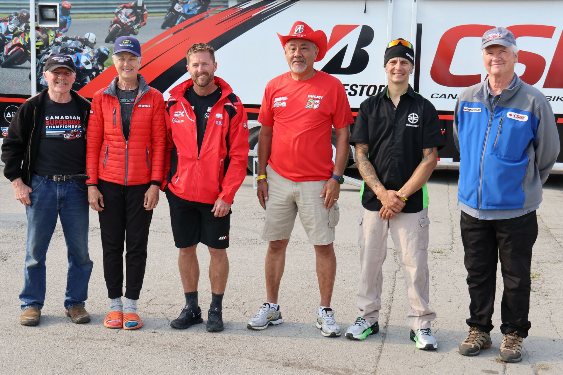 Canadian Motorcycle Hall of Fame members at the Bridgestone CSBK event in Grand Bend (from left): Gary McKinnon (Class of 2016), Toni Sharpless (2011), Steve Beattie (2017), Clive Ng-A-Kien (2019), and 2023 CSBK inductees, 14-time CSBK Champion Jordan Szoke and CSBK founder Colin Fraser. Photo by Rob O'Brien, courtesy CSBK.
