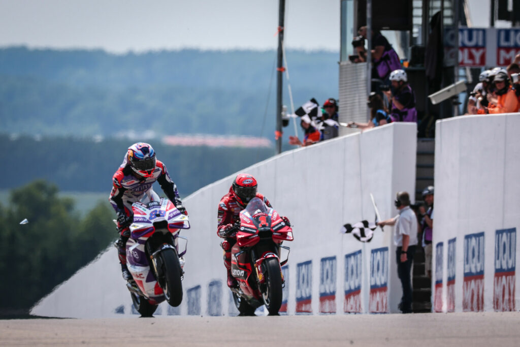 Jorge Martin (89) held off Francesco Bagnaia (1) to win in Germany. Photo courtesy Dorna.