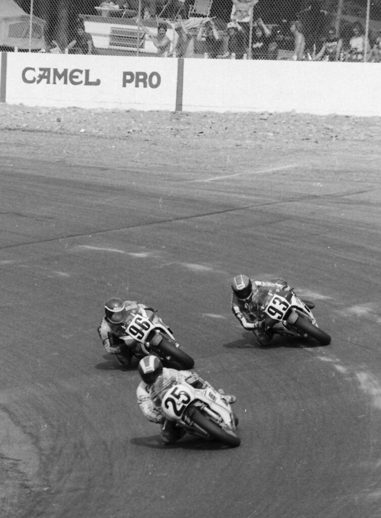 Nicky Richichi (25) leads Randy Renfrow (96) and Rich Schlachter (93) at the Loudon National in 1984. Photo by Larry Lawrence.